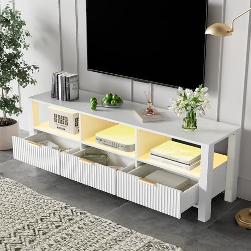 Gegtuon TV-Schrank Fernsehtisch 152,5 cm mit LED-Beleuchtung für 65/70 Zoll TVs, Fernsehschrank Lowboard mit 3 Stauraum Schubladen, TV Board mit Offenen Fächern, Sideboard Möbel für Wohnzimmer, Weiß
