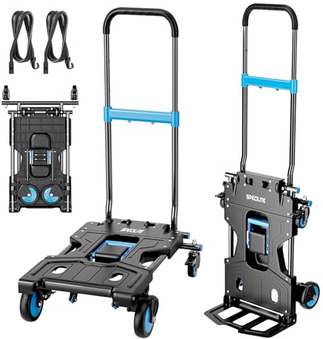 2 in 1 Faltbare Sackkarre, SPECILITE 330LBS Kapazität Dolly Cart mit 3 Gang Versenkbarem Griff, 4 Gummiräder für Gepäck, Lager, Büro, Einkauf, Umzug