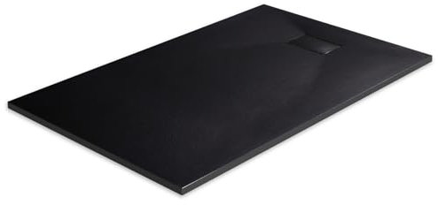 EMKE Plato de ducha de 140 x 90 cm, superficie antideslizante, plato de ducha SMC, aspecto de piedra, plato de ducha de 90 mm, orificio de desagüe esquinero, color negro