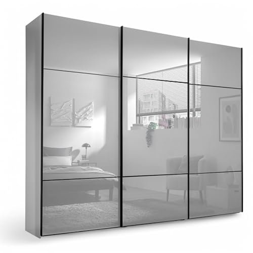 Minda Kleiderschrank mit Glastüren in Weiß - Vielseitiger Schwebetürenschrank 3-türig mit viel Stauraum - 270 x 225 x 62 cm (B/H/T)