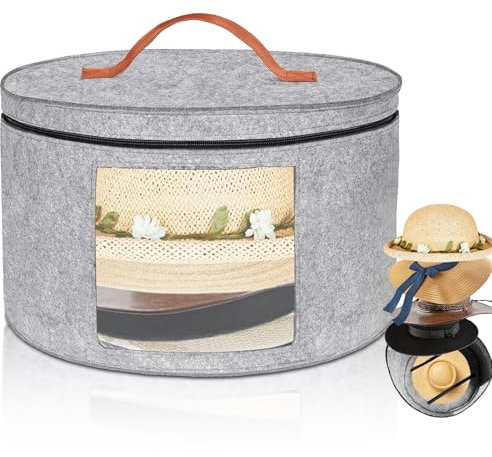 Cnwinu Hutschachtel Rund mit Deckel, 43 x 26 cm – Falbar & Staubdicht mit Reißverschluss, Durchsichtigem Fenster – Feuchtigkeitsschutz Filz Aufbewahrungsbox für Hüte (Hellgrau)