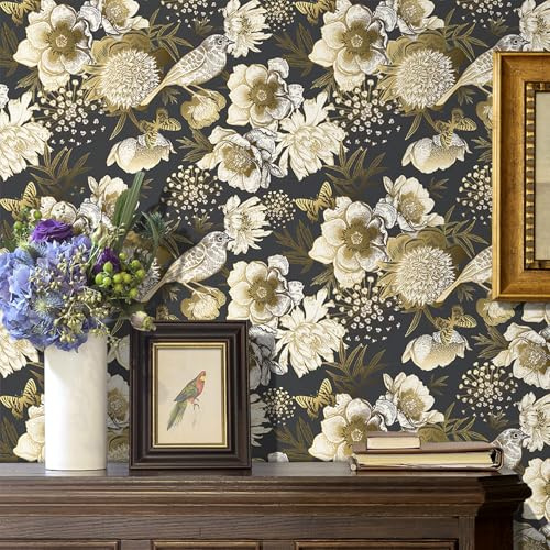 LACHEERY 44.5cm x 700cm Tapete Selbstklebend Floral Gold Schwarz für Wohnzimmer Tapete Blumen Vintage Gemälde Vinyl Wand Tapeten Wasserdicht Möbelfolie Floral Vögel Klebetapete für Wände Schlafzimmer