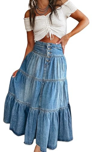 Women Summer Denim Maxi Skirt High Waist Button Pleated Tiered Ruffle Swing A-Line Jean Long Skirt Club Streetwear (A-Blue, S)