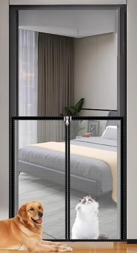 Cancellettos per Cani con Autoadesivo & Anti-Graffio, Rete di Sicurezza per Balcone/Finestra, Barriera per Gatti Senza Fori, Protezione Bambini con Chiusura Lampo(White mesh black frame,90x155 cm)