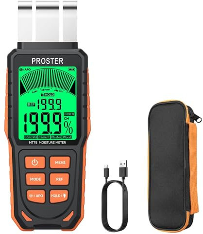 Proster Misuratore di Umidità Ricaricabile Senza Punte per Pareti con Schermo LCD a 3 Colori e 5 Modalità Legno Calcestruzzo Cemento Gesso INDEX Allarme Sonoro e Luminoso Rilevamento Fino a 40 mm