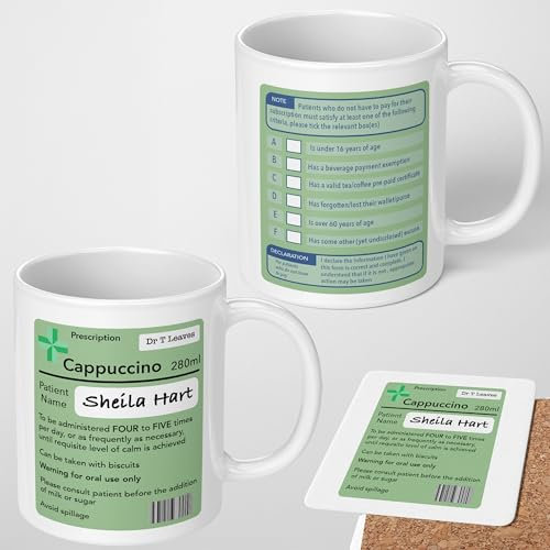 GIFTIMIZED Pharmacy Prescription Personalised Name Custom Mug Funny Gift Doctor Coffee Tea Cup Gift with Coaster Option | Large Handle | Spacious 11oz | Dishwasher Safe | Made in UK |