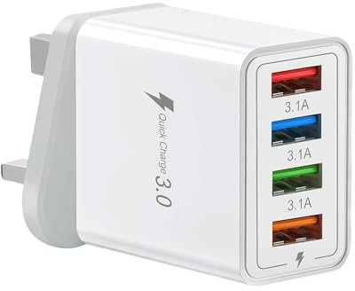 Multi USB Charger Plug UK, 4-port Usb Charger Plug with QC 3.0, Fast Charging Plug for iPhone, Samsung, USB Power Adapter for Cellular Phone Ozzgen