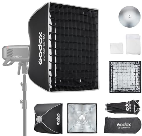 Godox UL Softbox mit Gitterdiffusor, 60 * 60cm Schnell Aufbaubare Softbox mit Bowens Halterung, Kompakte Fotobeleuchtung, Godox Softbox für Fotografie Flash Dauerlicht Monolight Blitz (60 * 60cm)