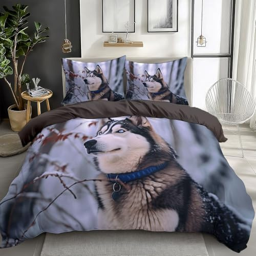 Generisch Cremefarben Bettwäsche 135x200 cm Schneetiere Husky 3teilig Bettbezüge Set Wende Bettwäsche aus Polyester Baumwolle mit Reißverschluss, Bettwäsche-Sets Weich und Bügelfrei