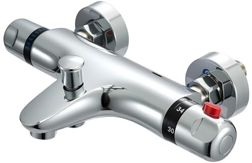 GreenWhim Thermostatic Bath Shower Mixer Tap with Filler Spout Deck Mounted Solid Brass Faucet 38°C Safety Anti-Scald Chrome Finish Modern Bathroom 180mm (1)