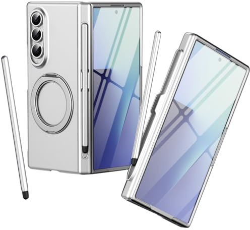 Drehbarer Standhülle für Samsung Fold 3, Displayschutzfolie, Passend für Magnetized Ring Magnetverschluss, Samsung Galaxy Z Fold3 Schutzhülle mit Ständer und Stift-Silber