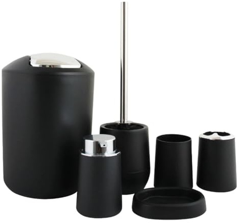 QUXVUIS Ensemble d'accessoires de salle de bain comprenant un distributeur savon en plastique, un rideau douche, tapis douche et porte-brosse à dents. Décoration élégante. Idéal pour les, Noir