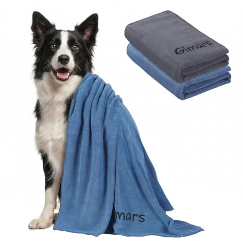 Gimars 2er Set Hundehandtuch Mikrofaser, extra saugfähig und schnell trocknend, weiches Hundetuch 100×50 cm, blau und grau, zum Abtrocknen nach Bad und Regen