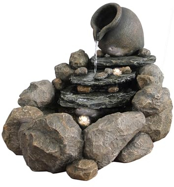 Dehner Gartenbrunnen Soltero, Outdoor-Brunnen, mit LED-Beleuchtung, solarfähig, ca.69x54x57,8 cm, Polyresin, grau