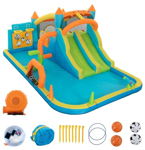 UEV uppblåsbar 9-i-1 hoppborg XXL med fläkt, EN 71-1/2/3, 515 x 320 x 216 cm | Torr-/vattendubbel glidning, lämplig för barn från 3 till 10 år, barns bouncy Castle för inomhus eller utomhus