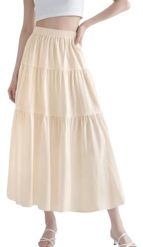 Fiohiros Maxi Skirts for Women UK, Elastic High Waist Ladies Long Skirts Elegant A-Line, Vintage Summer Tiered Maxi Skirt (UK, Alpha, L, Regular, Regular, Beige)