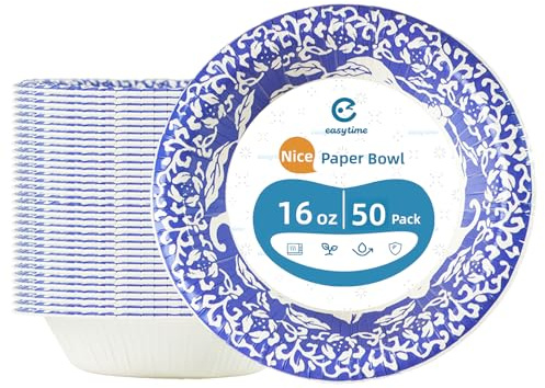 Cherypick 50 Pack Disposable Bowls 16oz/480ml, 7.7''(20cm) Strong Paper Bowls, Compostable, Biodegradable, Soup Bowls for Hot & Cold Foods, Soup, Desserts, Salads, Microwave Safe