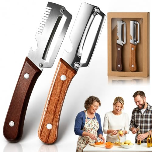 Elite Gourmet Peeler, Elite Gourmet Knives, Vegetable Peeler & Bottle Opener & JuliennePeelers with Ergonomic Non-slip Wooden Handle for Fruit Pumpkin Peeling Potato VeggiePeelers (2 Pcs A) | Ergonomischer, rutschfester Holzgriff, nicht für Personen unter 18 Jahren geeignet