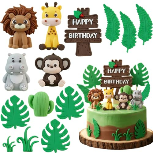 14 Stück Dschungeltiere Kuchendekoration Wild One Safari Kuchendekoration | Dschungel Safari Tortendeko, Wild One Torten Deko mit Löwe Giraffe Hippo Affe für Taufe Junge Geburtstag Cupcake Topper