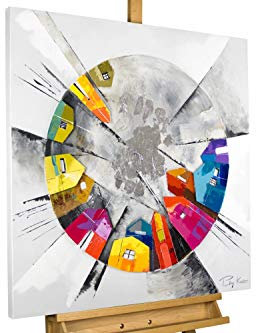 KunstLoft Leinwandbild | 100% HANDGEMALT | 80x80cm | Gemälde 'Kunterbuntes Großstadtflair' | Abstrakt | Bunt Silber | Wandbild Wohnzimmer