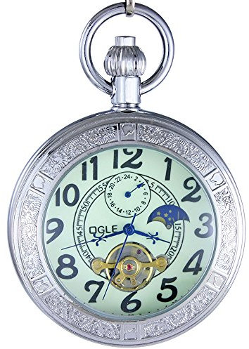 OGLE Wasserdichtes Lechtendes Vergrößerungsglas Mond Sonne Kette Fob Selbstaufziehende Automtaische Mechanische Taschenuhr (Silberleuchtend)
