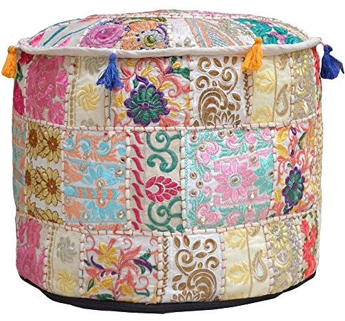 Aakriti Indischer Pouf Fußhocker Mit Stickerei, Baumwolle, Osmanischer Pouf Cover Mit Ethnischem Dekor Kunst (Beige, 46x33 cm)