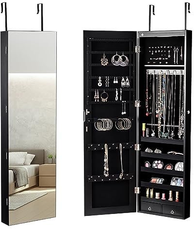 COSTWAY Schmuckschrank mit LED Beleuchtung, Schmuckregal hängend, Spiegelschrank mit Spiegel, abschließbar mit Schlüsseln, Schmuckaufbewahrung für Schmuck & Kosmetika, 120 cm hoch (Schwarz)