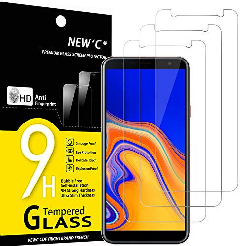 NEW'C Lot de 3, Verre Trempé pour Samsung Galaxy J4 Plus, Galaxy J4+ (SM-J415F), Film Protection écran sans Bulles d'air Ultra Résistant (0,33mm HD Ultra Transparent) Dureté 9H Glass