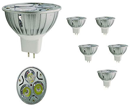 Mengjay Pack of 5 MR16 AC/DC 12 V LED Lamp, 3 W Cool White 7000 K, 240 Lumen, 30º Lighting Angle, DC 12 V, CRI: 75, (Die-Cast Lamp Cup)