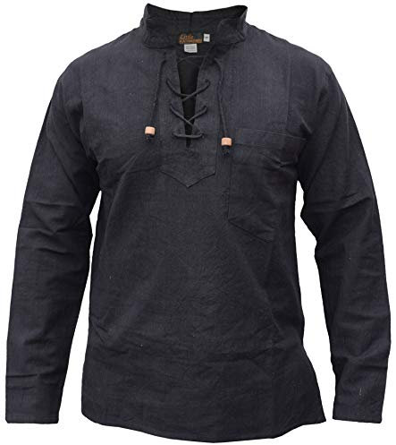 Gheri Mens Hemp Cotton Lace Up V Neck Grandad Shirt Plain Black Medium