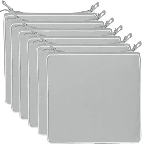 Brandsseller 6er Set Sitzkissen 40x40x4 cm – Wasser- & schmutzabweisende Stuhlkissen mit Bindebändern & Paspel – Für Innen & Außen – Garten, Terrasse, Küche – Hellgrau