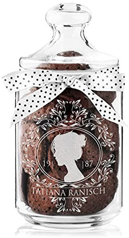 Maverton Keksglas mit Gravur - Glasbehälter mit Deckel - Bonbonglas mit eleganter Schleife - Vorratsglas personalisiert - Geschenk für Naschkatze & Hobbybäckerin Frauen - Profil