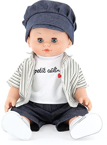 Vilac – Petit Câlin Jules – Spielzeug aus Vinyl und Stoff – Puppe mit weißem T-Shirt, Hemd und Mütze – 36 cm – weicher Körper für Kinder – ab 3 Jahren