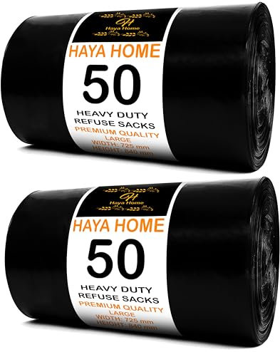 Haya Home 75L liter 100 Black Plastic Bin Bags Heavy Duty Bin Liners, Black Plastic Refuse Sacks large Garbage Waste Dustbin Bags for Kitchen Home Office DIY Garden from 100% Recycled Material
