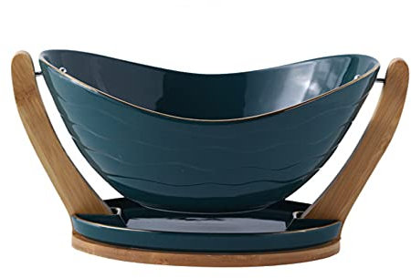 YRHH Fruit Bowls With Drain Function Ceramic Fruit Basket With Wooden Stand Swing Style Snack Tray Dried Fruit Plate Storage Basket -green