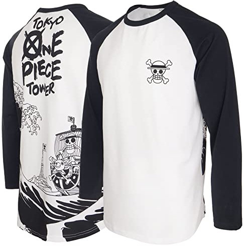 One Luffy Piece Thousand Sunny Piratenschiff Ruffy Große Welle vor Kanagawa Japanischer Anime 100% Schwere Baumwolle Raglan Baseball Männer T-Shirt(M,Schwarz/Weiß)