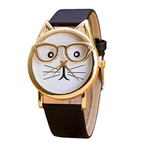 Ainiyo Uhr Damen Katzen Brille Zifferblatt Luxus Armbanduhr Damenuhren Marken Quarzuhr Watch Geschenk für Frauen Damen Frau Mama Teenager Mädchen Beste Freundin Oma Weihnachten