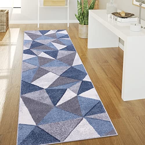 Paco Home Teppich Wohnzimmer Kurzflor Vintage Stil Abstrakt Modernes Geometrisches Rautenmuster Design, Grösse:80x150 cm, Farbe:Blau