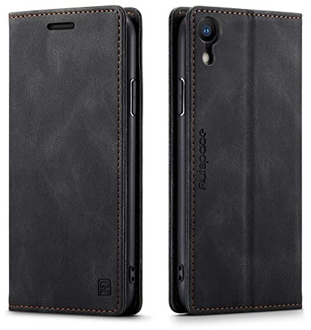 LOLFZ Handyhülle für iPhone XR, Vintage Dünne Schutzhülle RFID Schutz Kartenfach Standfunktion PU Leder Magnetische Klapphülle Kompatibel mit iPhone XR - Schwarz