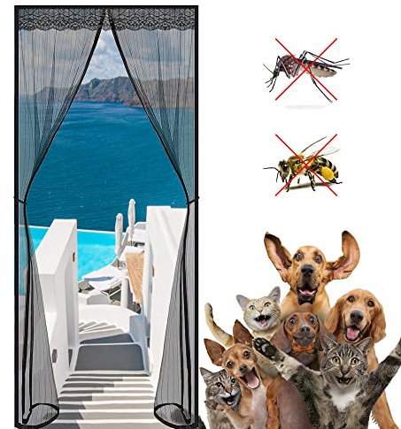 zanzariera a calamita, 195x220cm Zanzariera Finestra con Chiusura Automatica,per Legno, Ferro, Porte in Alluminio Nero