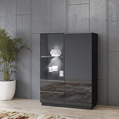 Lomadox Highboard Vitrine schwarz mit Glasfronten und LED Beleuchtung, B/H/T: ca. 100/136/48 cm
