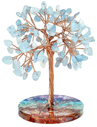 Nupuyai Kristall Edelstein Baum mit 7 Chakra Steine Harzbasis, Kupferdraht Geldbaum Feng Shui Bonsai Baum des Lebens Deko für Zuhause, Büro und Glück (Aquamarin)