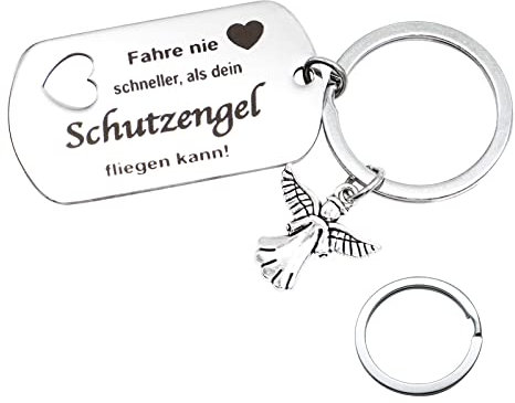 VEGCOO Auto Schlüsselanhänger + Schutzengel Engel Anhänger, Schutzengel Auto, Fahr Vorsichtig, Schlüsselanhänger mit Gravur mit Box, für Führerschein Geburtstag Weihnachten Frauen Männer (1)