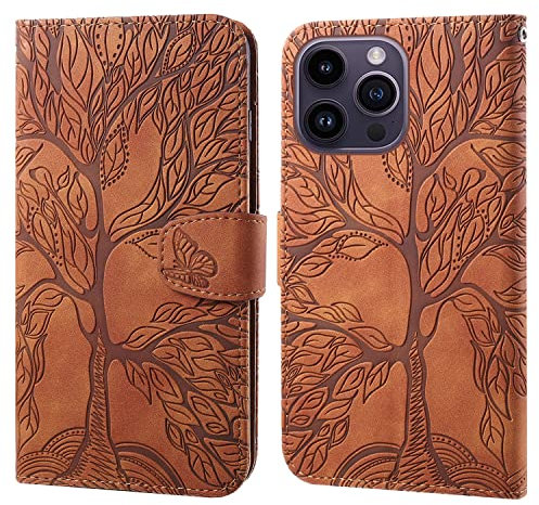 Aisenth Wallet Case for iPhone 14 Pro (6.1 inch), The Tree of Life Embossed PU Leather Wallet Flip Folio Case Magnetic Protective Cover with Stand function, Card Slots + 1 Wrist Strap (Brown)