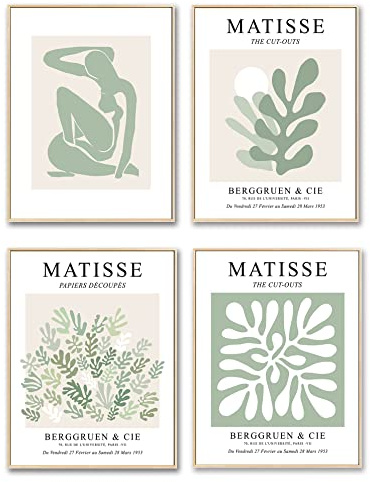 Salbeigrüne Drucke Poster für Schlafzimmer, ästhetische Raumdekoration, 4er-Set, 27,9 x 35,6 cm Matisse-Wandkunstdrucke, Wohnzimmer, Schlafzimmer, Badezimmerdekoration (salbeigrün, 27,9 x 35,6 cm)