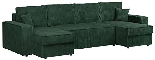 MKS MEBLE Sofa U-Form, Sofa mit Schlaffunktion, Wohnlandschaft, U-Form Couch, Bettsofa, Wohnzimmer U Couch - Polstersofa mit Bettkasten - Denver U Grün Poso