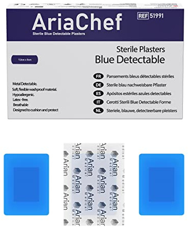 Chef Plasters Sterile Blue Waterproof 7.2cm X 5cm Pack of 50, Large - for Catering and First Aid - Strong Adhesion Detectable Plasters - Protects Cuts from Dirt - Ideal for Kitchen