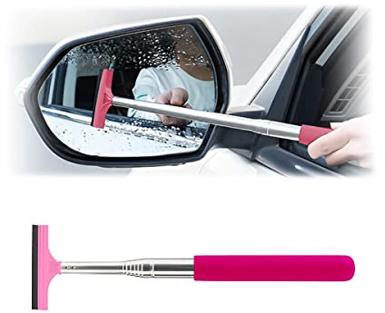 Car Rearview Mirror Wiper, Retractable Auto Glass Squeegee, Water Cleaner with Telescopic Long Rod, Portable Cleaning Tool for All Vehicles, Universal Automotive Accessories (Pink)