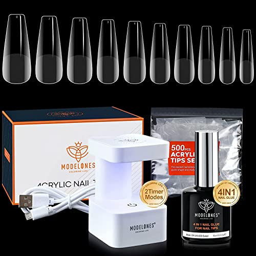 MODELONES Nail Tips and Glue Gel Kit,15ML 4 In 1 Nail Glue Gel with 500Pcs Half Matte Coffin Nails and U V LED Nail Lamp Fast Nail Extension Set, Transparent, 7 ml