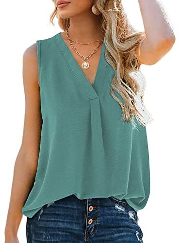 Aokosor Tank Top Damen Sommer Top Elegant Oberteile Tshirt Ärmellos Damen V Ausschnitt Lässig Locker Grün XXL